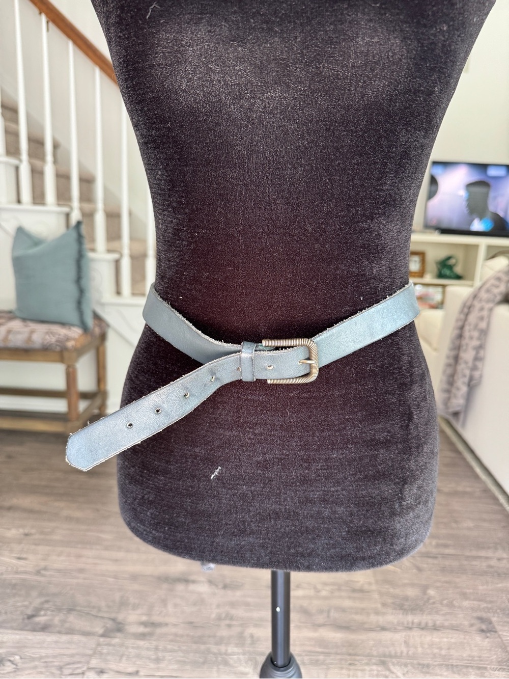 Light Gray Leather Waist Belt with Silver Buckle